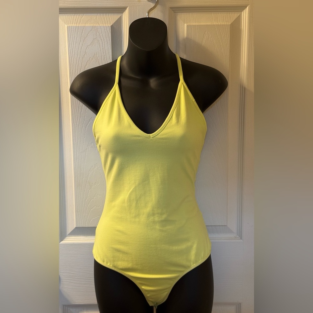 Bebe Yellow Fitted Backless VNeck Bodysuit